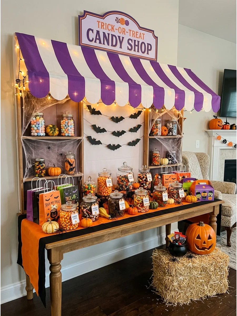 A whimsical Halloween candy shop backdrop with a striped awning and jars.