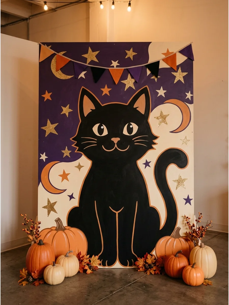 A child-friendly Halloween backdrop with a black cat, stars, and a moon.