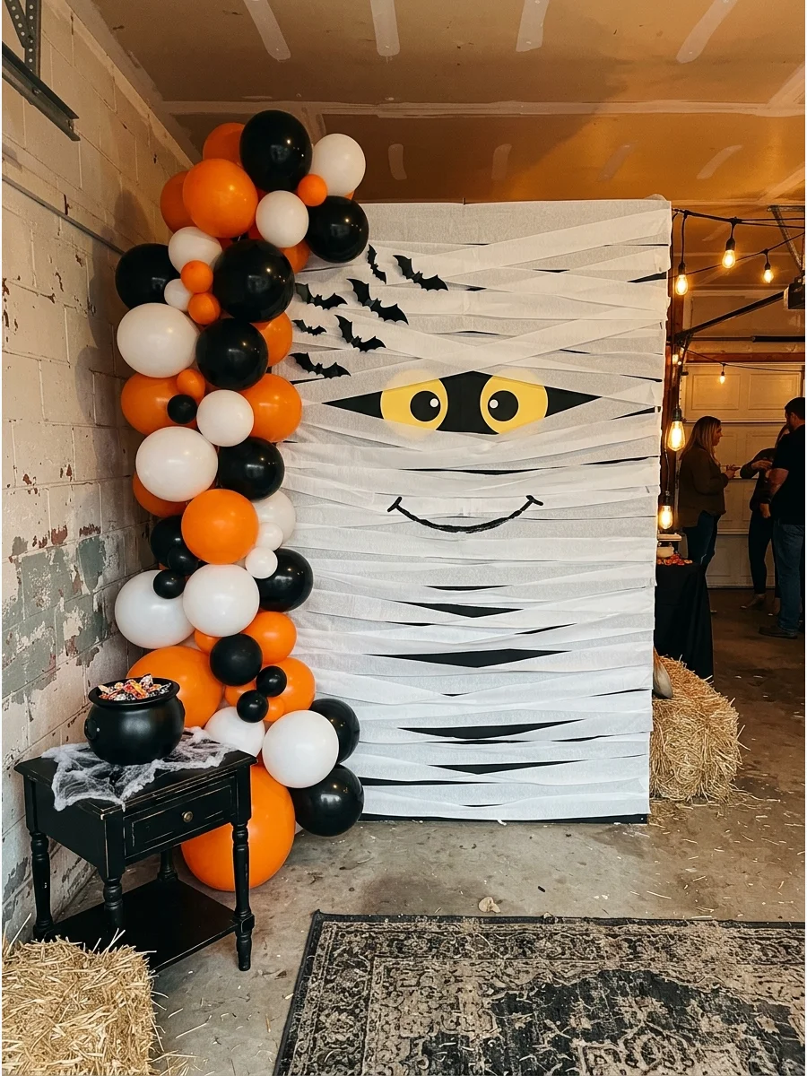 A mummy-themed backdrop made of white paper strips and large cartoon eyes.