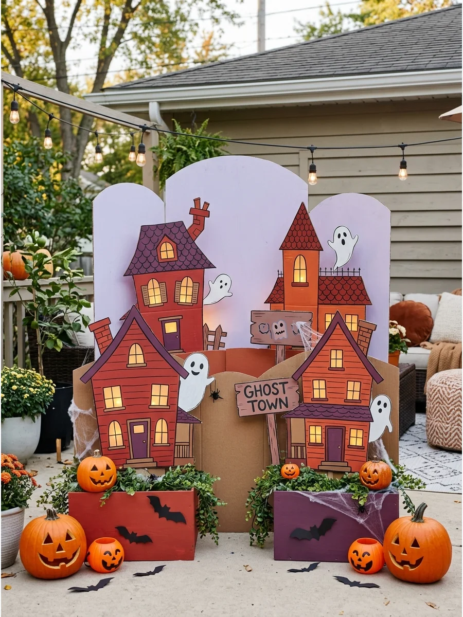 A 3D ghost town backdrop with cardboard houses and glowing windows.