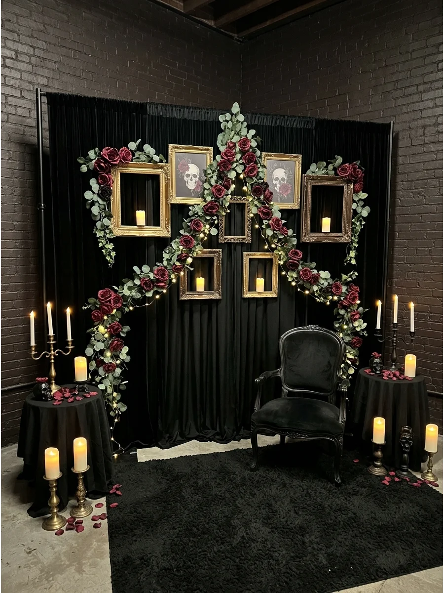 A sophisticated gothic backdrop with black velvet, red roses, and gold frames.