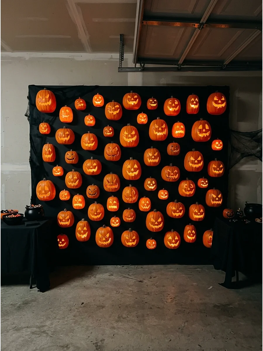 A wall of lit jack-o-lanterns for a Halloween photo op.
