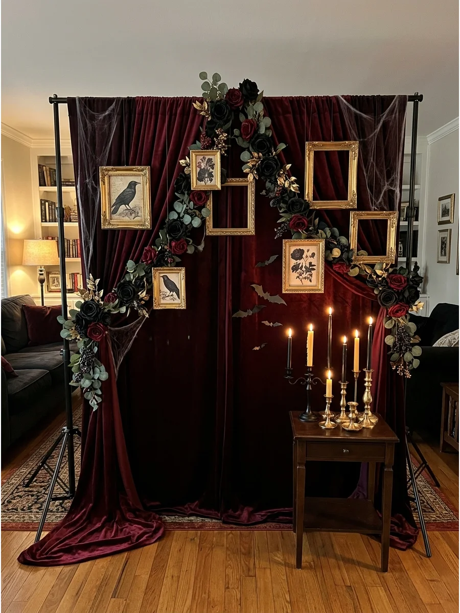A dramatic burgundy and black backdrop with velvet fabric and gold accents.