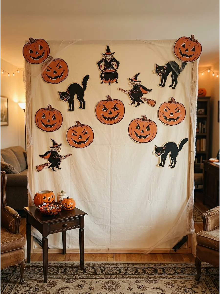 A nostalgic Halloween backdrop with vintage cat and pumpkin cutouts on cream fabric.
