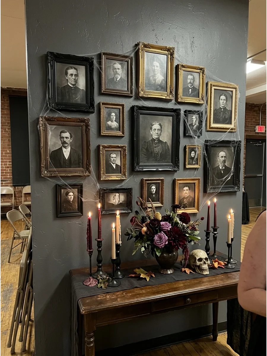 A gallery wall of spooky Victorian portraits in black frames with faux spider webs.