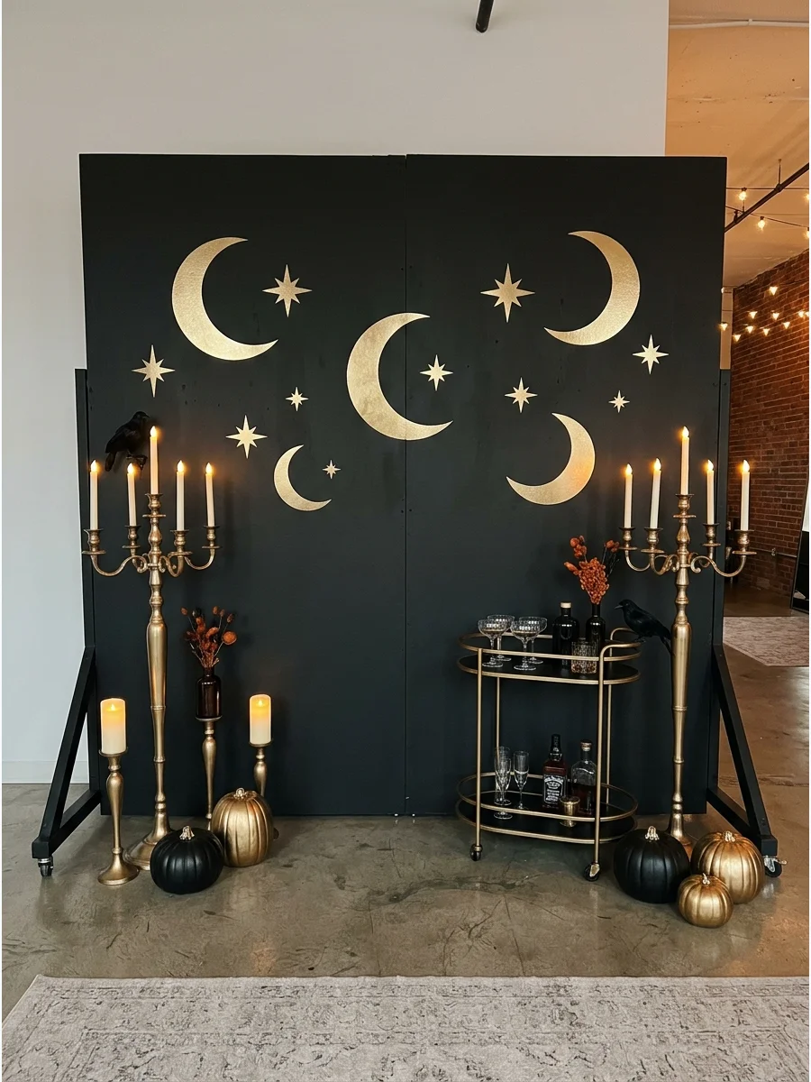 Sophisticated black and gold backdrop with celestial symbols and gold candles.