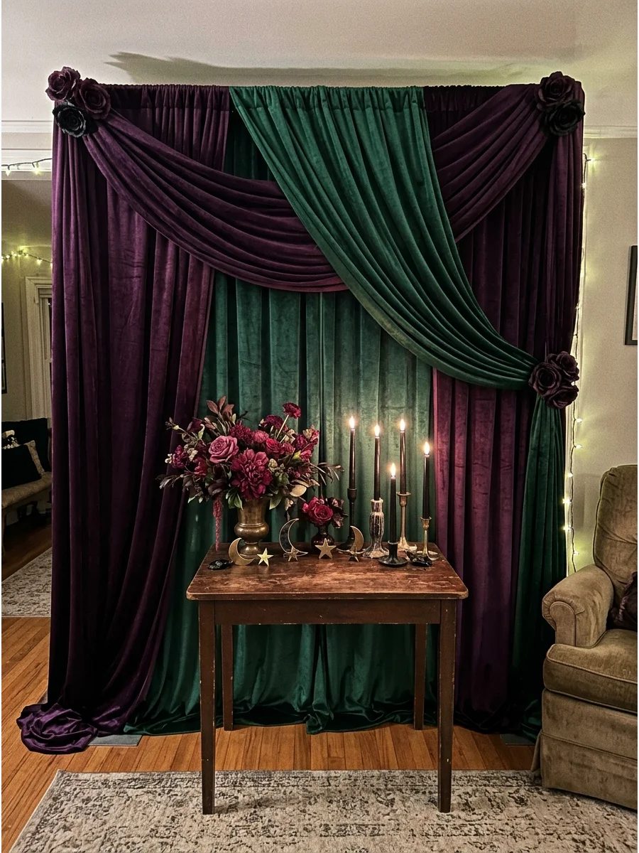 Rich jewel-toned velvet backdrop with dark floral accents and candles.