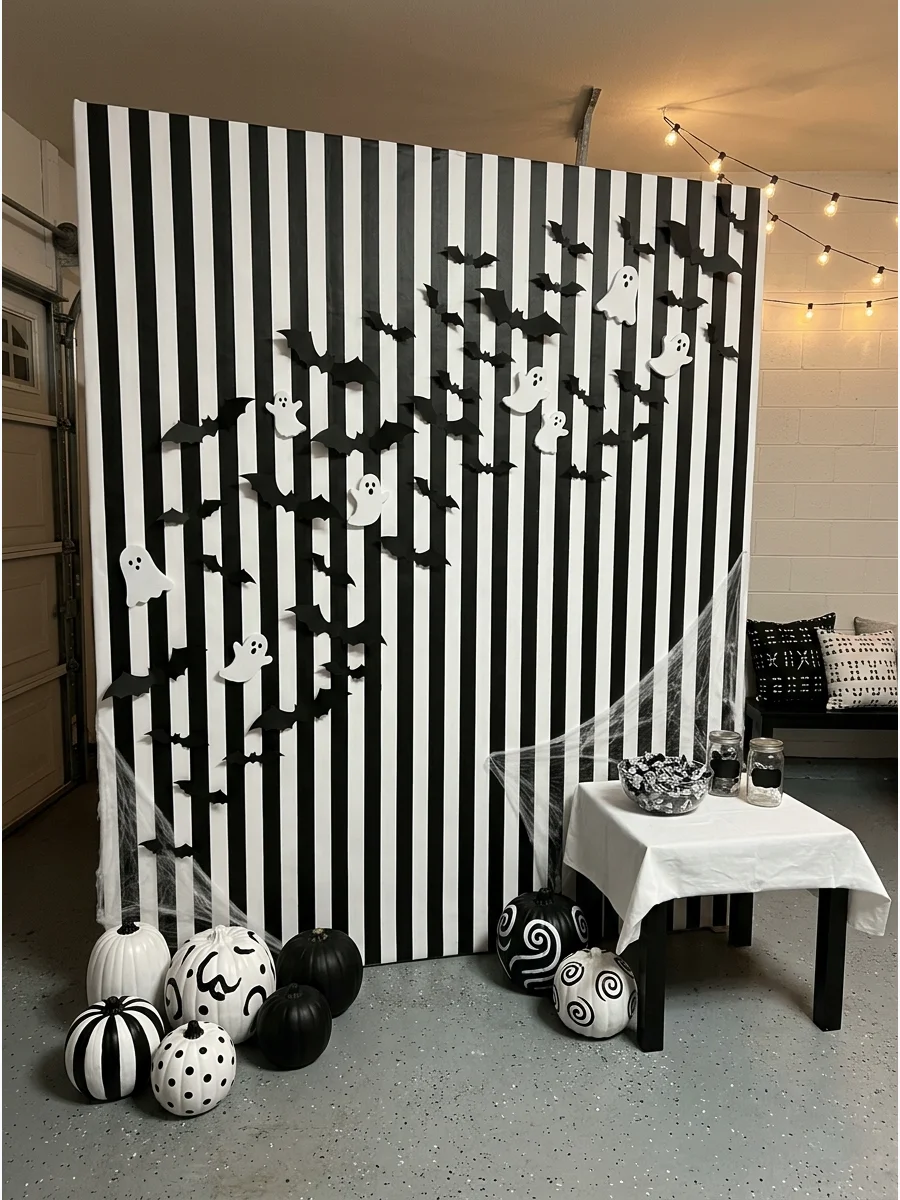 Graphic black and white striped backdrop with paper bats and ghosts.