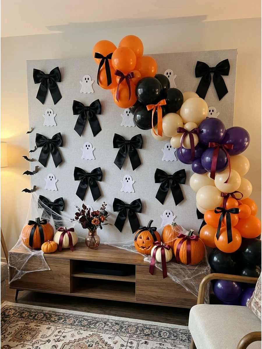 Trendy Halloween backdrop featuring large black bows and cute ghost icons.