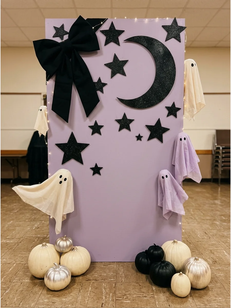 Modern lilac and black backdrop with stars and cream pumpkins.