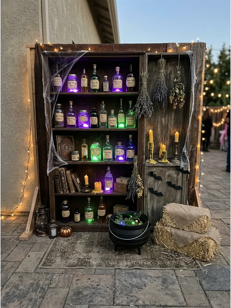 Immersive witch's potion shop backdrop with glowing bottles and herbs.