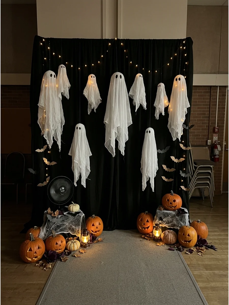 Floating white ghosts against a black background.