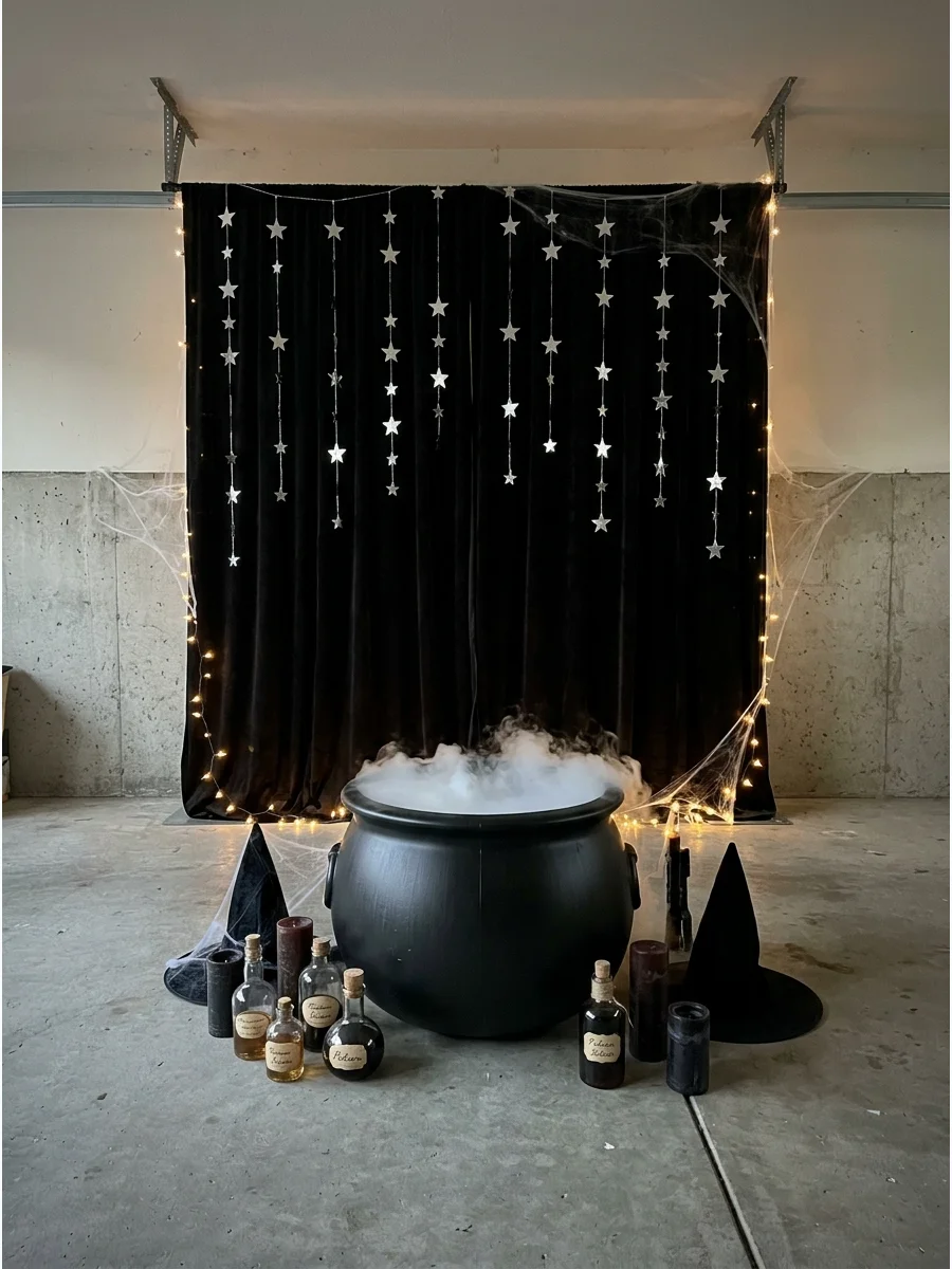 Witch's cauldron backdrop with hanging stars and a dark curtain.