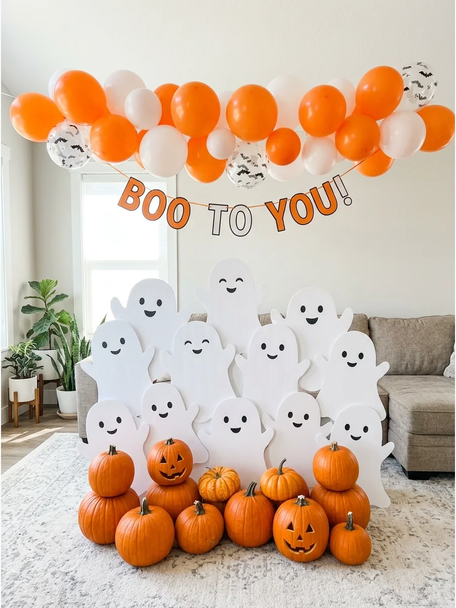A friendly ghost and pumpkin photo backdrop.