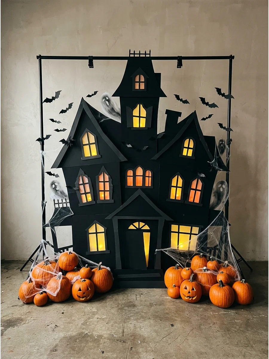 A haunted house silhouette backdrop with glowing windows.