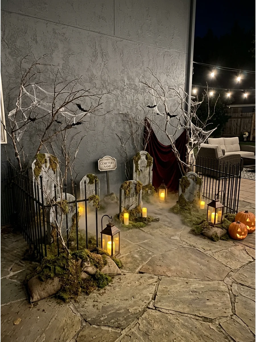 A spooky graveyard photo backdrop with tombstones.