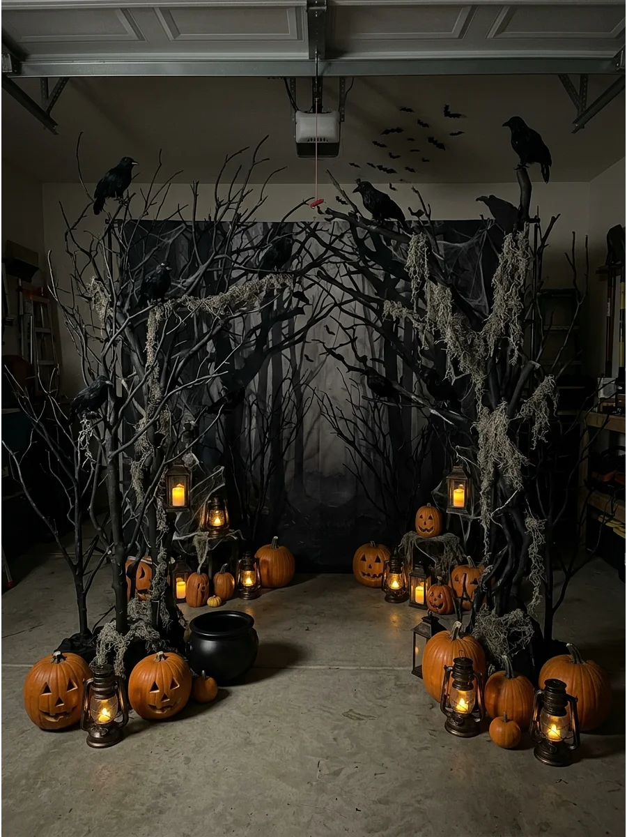 A spooky forest backdrop with black branches and moss.