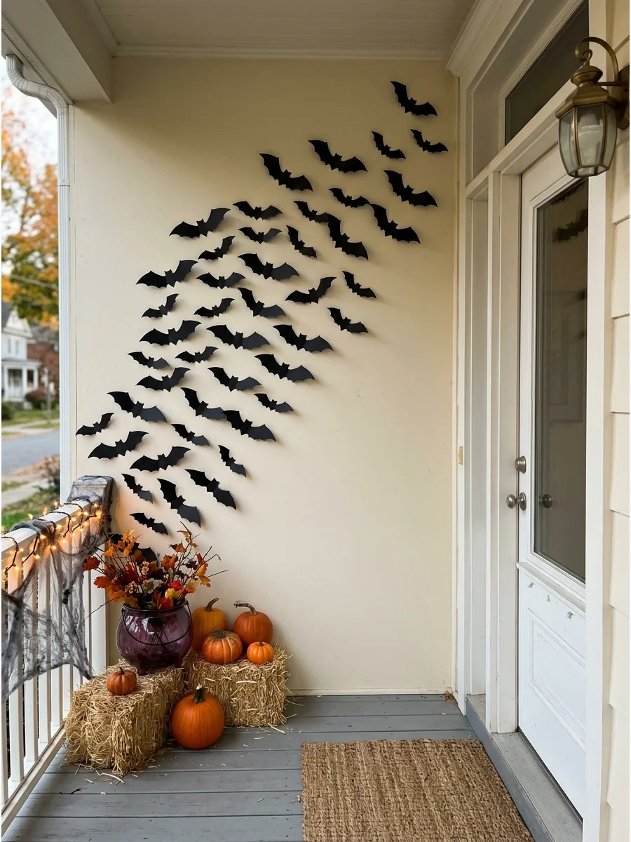 A swarm of black bats on a light wall for Halloween.