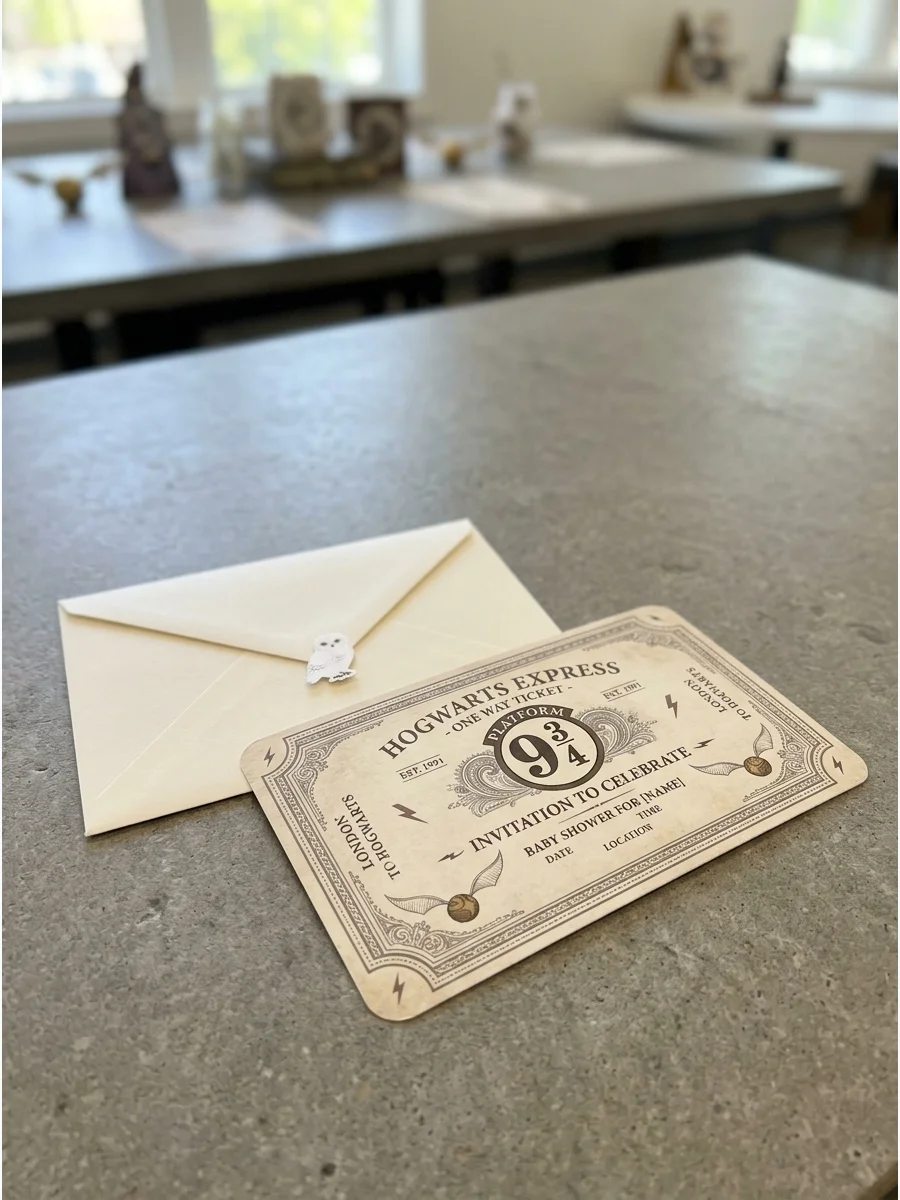 A vintage-style train ticket invitation with gold foil accents.