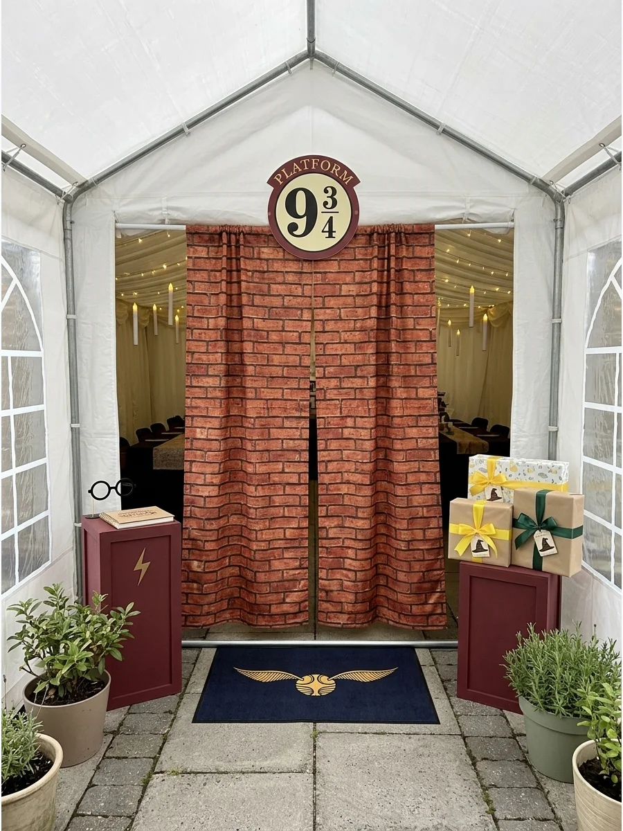 A brick wall curtain entrance with a Platform 9 3/4 sign.