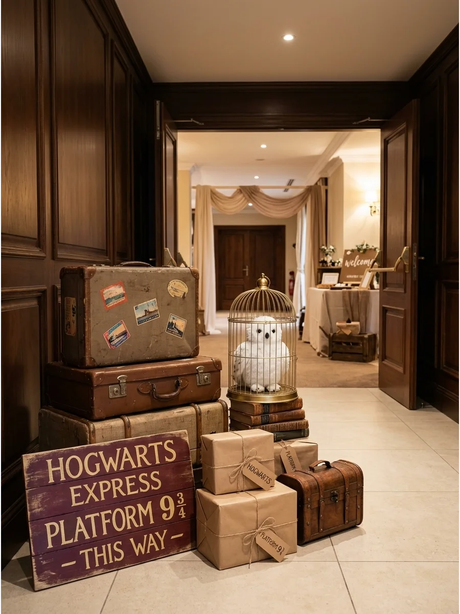 A stack of vintage luggage and an owl in a cage at an entrance.