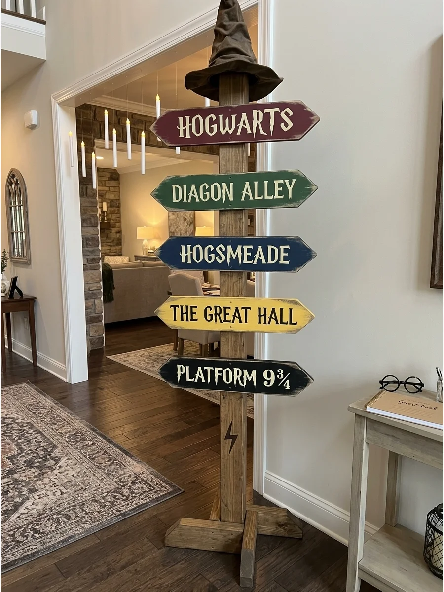 A wooden directional signpost pointing toward magical locations.