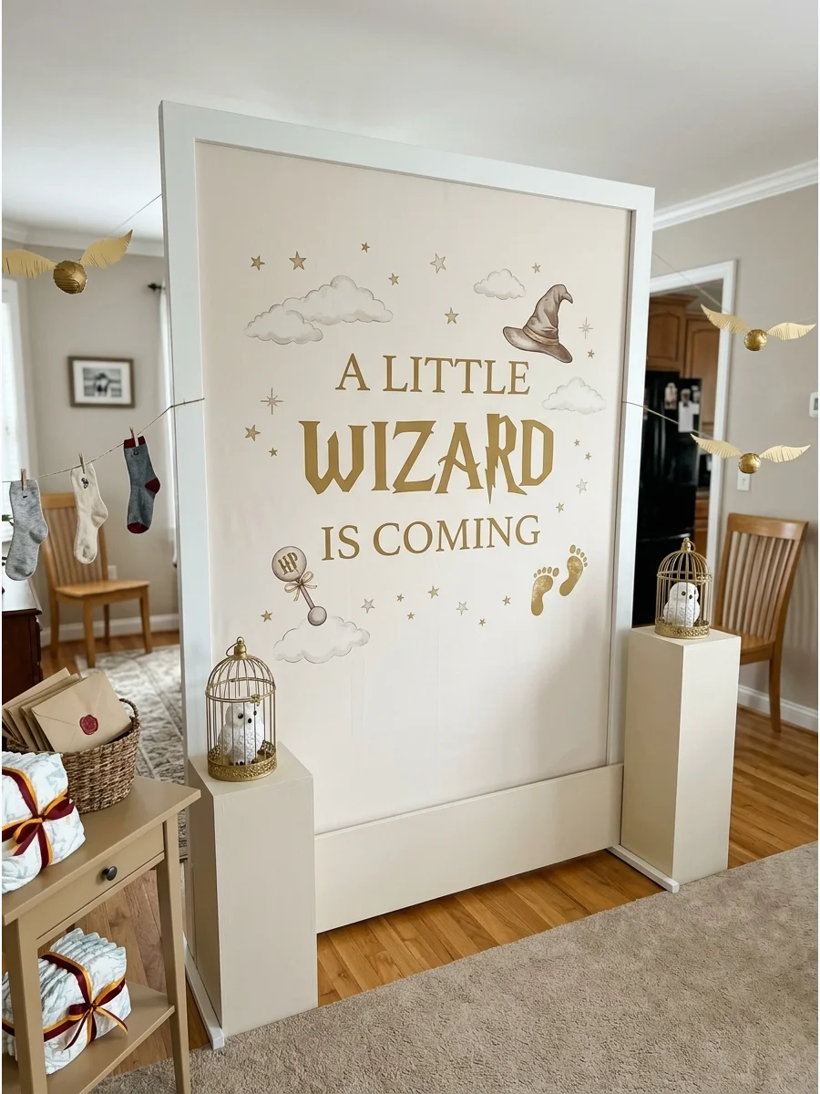 A soft cream fabric backdrop with gold lettering for a baby shower.