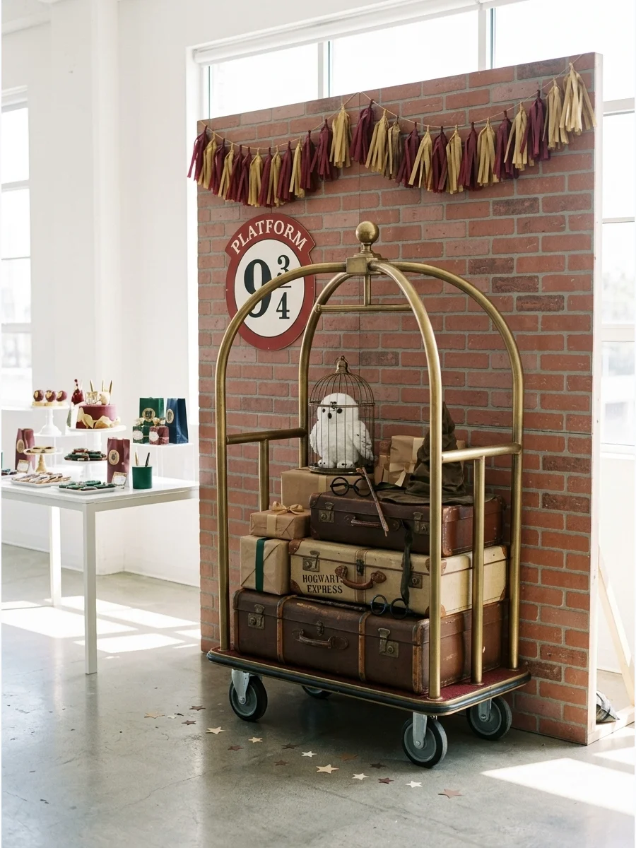 A brick wall photo backdrop with a luggage cart and suitcases.