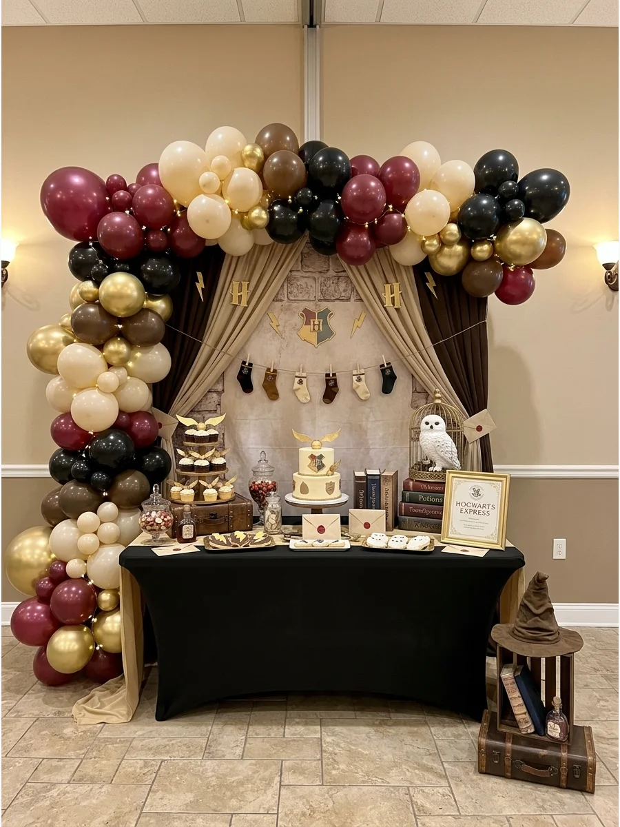 A burgundy and gold balloon arch with small gold wings attached.