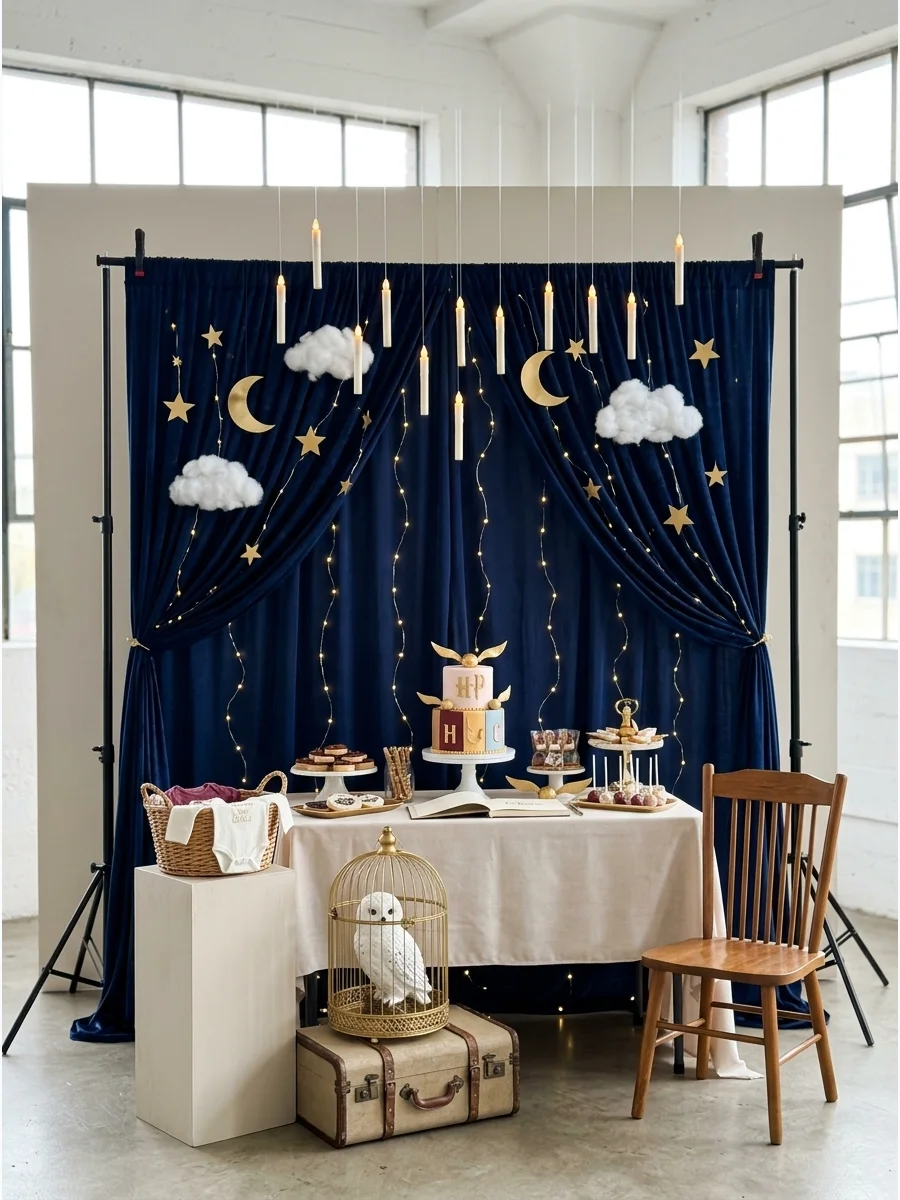 A navy blue velvet backdrop with fairy lights and gold stars for a baby shower.