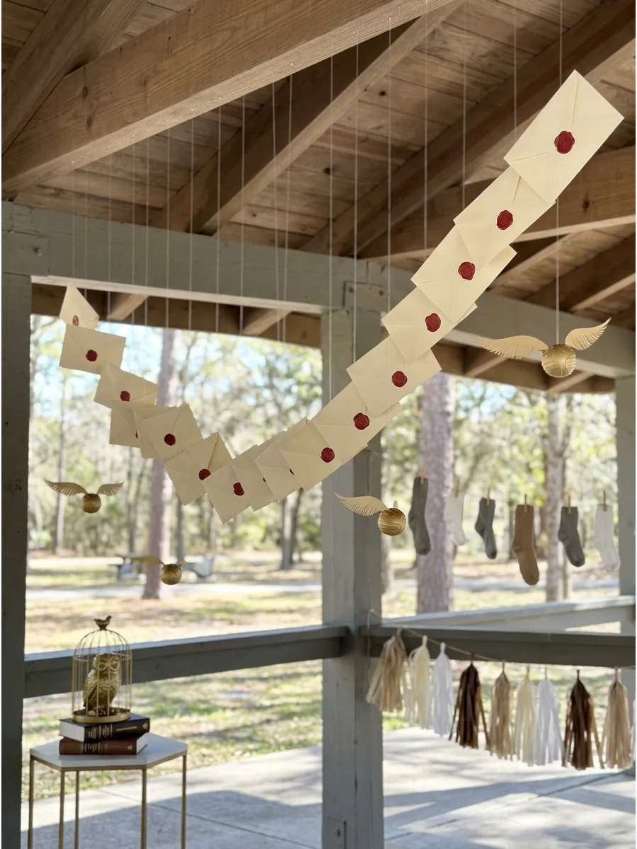 Parchment envelopes with red wax seals hanging in a flying pattern.