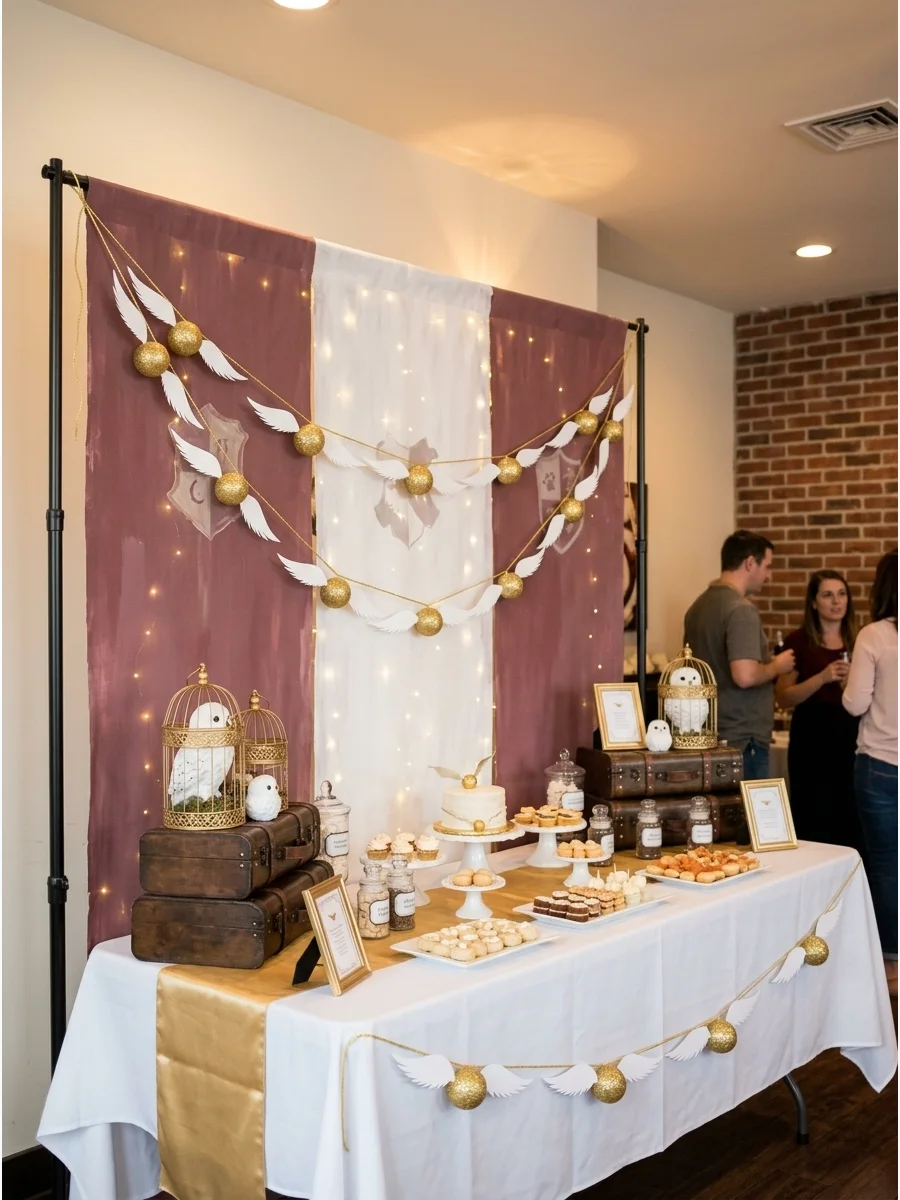 A garland made of gold glitter balls with white paper wings.