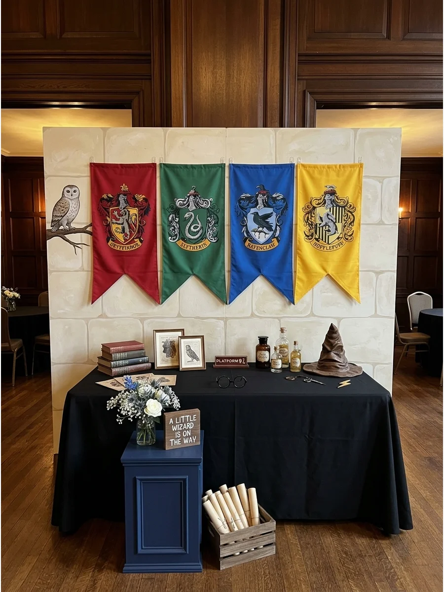 Four colorful Hogwarts house banners hanging on a cream wall.