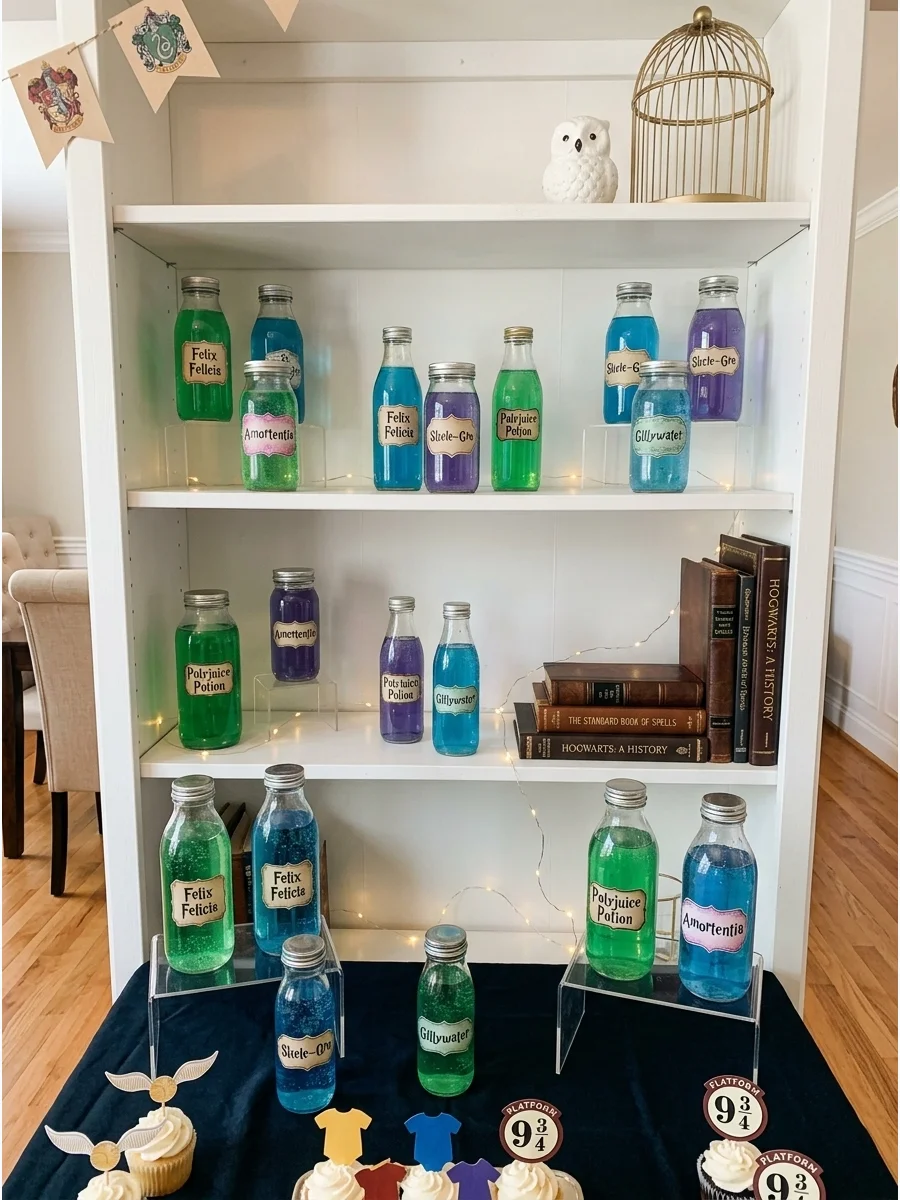 Glass bottles with colored liquid and parchment labels on a shelf.
