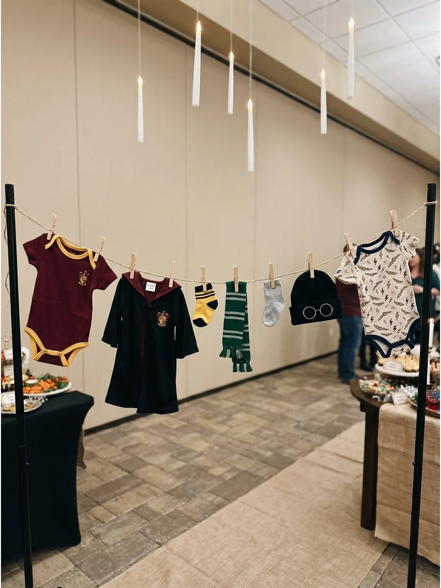 A clothesline with Harry Potter themed baby clothes and accessories.