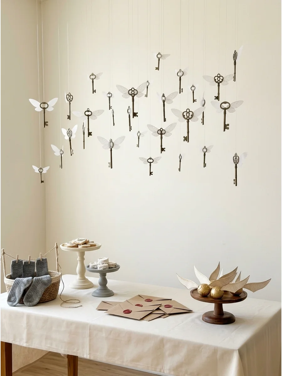 Antique brass keys with white wings hanging from the ceiling.