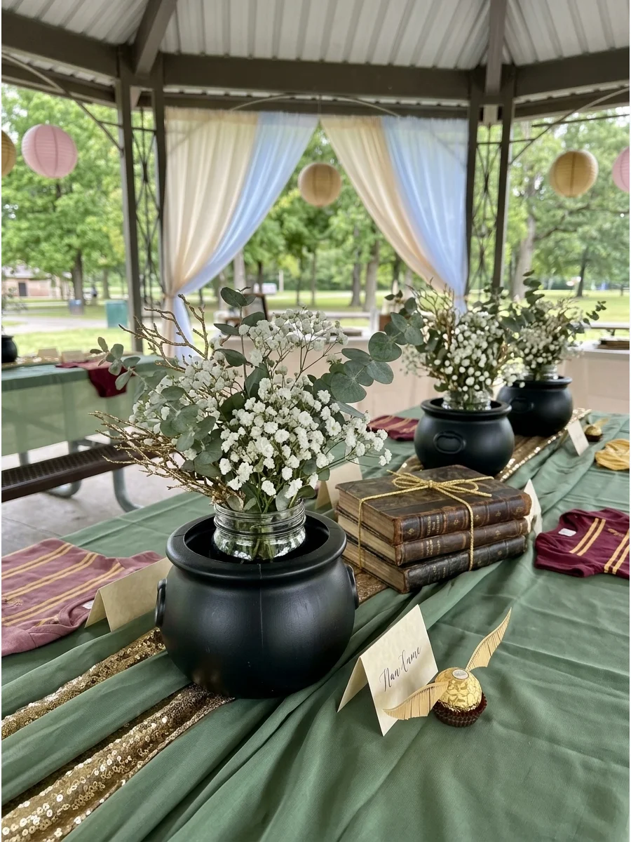 A small black cauldron used as a flower vase with white flowers.