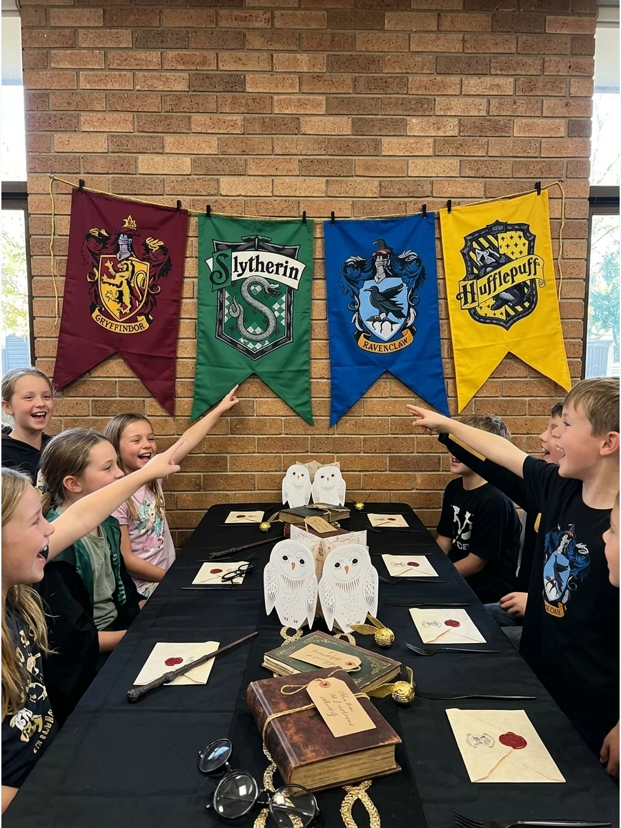 Hogwarts House Banner Display. Decorate a wall with Gryffindor, Slytherin, Ravenclaw, and Hufflepuff-inspired banners to bring all four houses into the celebration. Harry Potter Bi