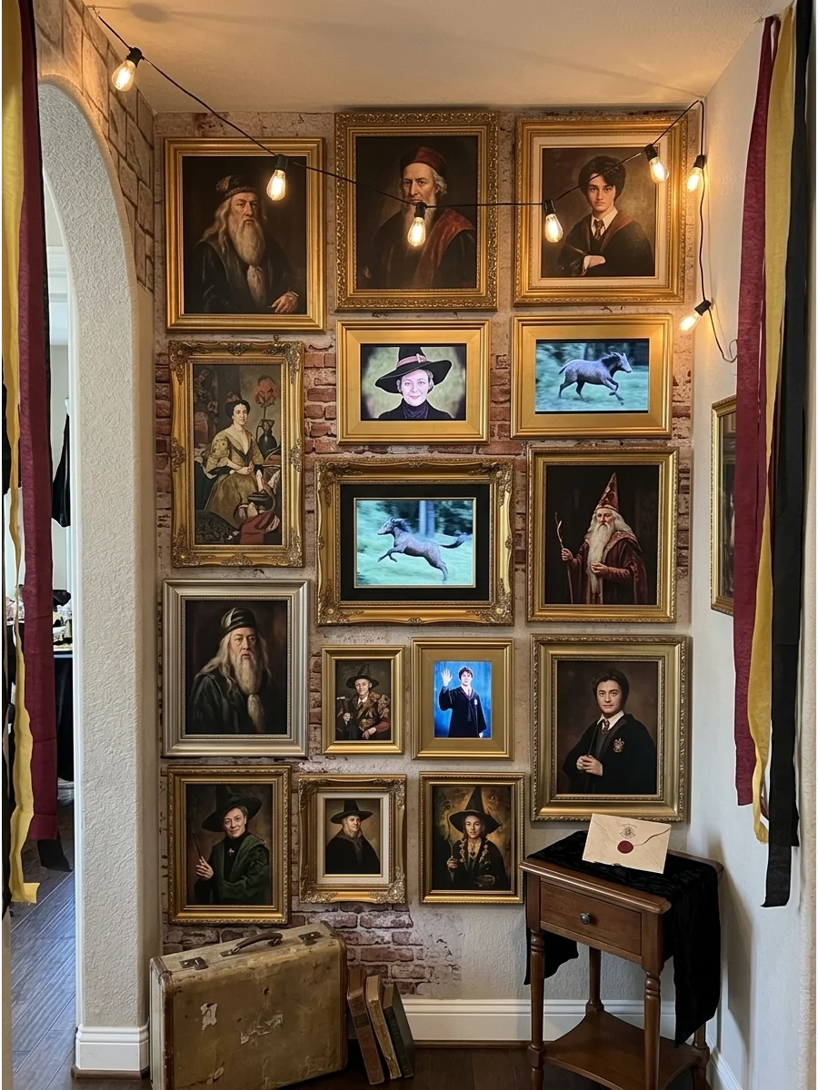 Enchanted Moving Portrait Wall. Fill a wall with mismatched gold frames containing wizard portraits, vintage paintings, or digital frames for a modern 2026 interactive twist. Harry