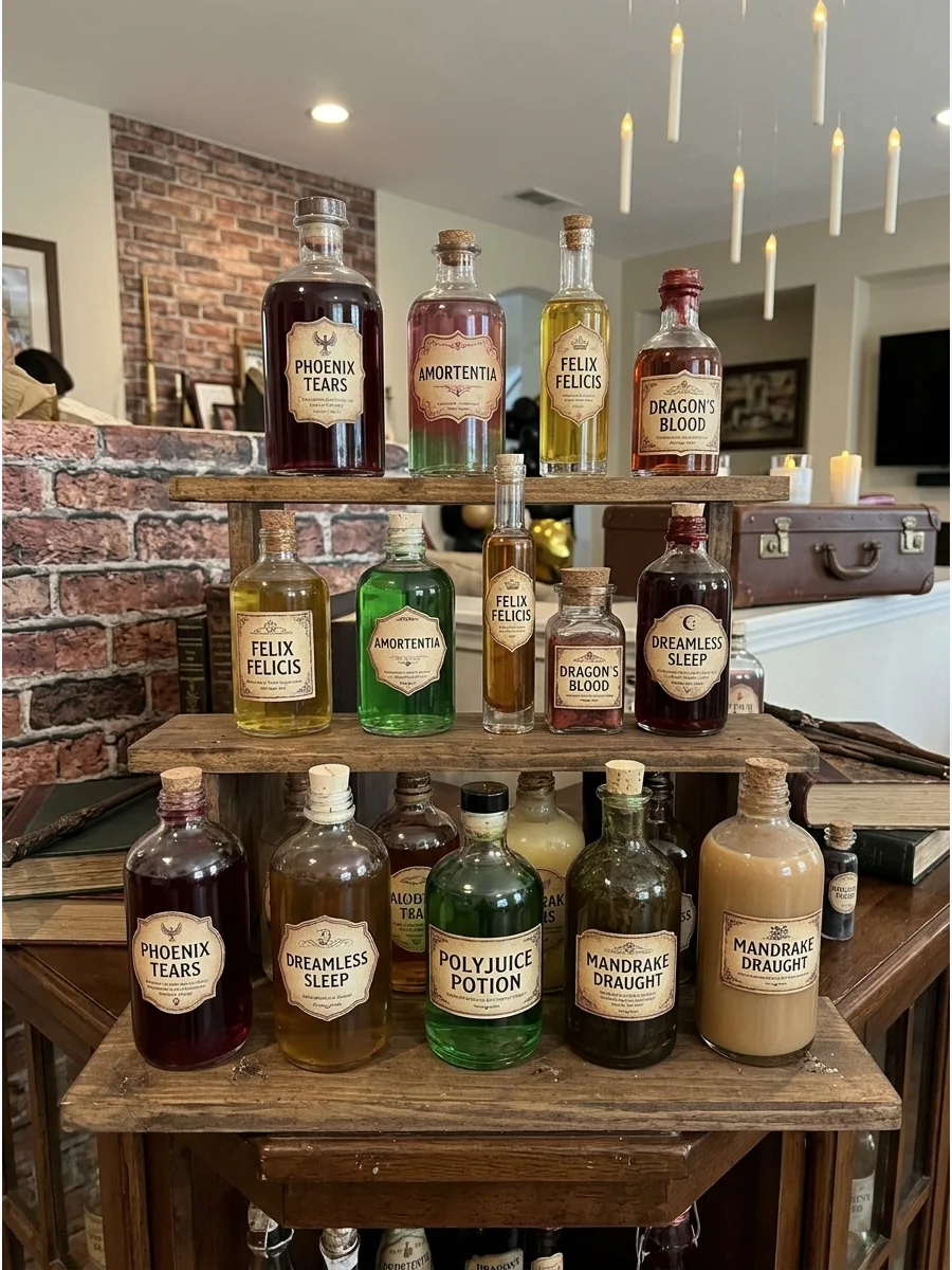 Wizard Potion Bottle Display. Arrange glass bottles filled with colorful liquids and mysterious labels on shelves, tables, or an apothecary-style display. Harry Potter Birthday Par