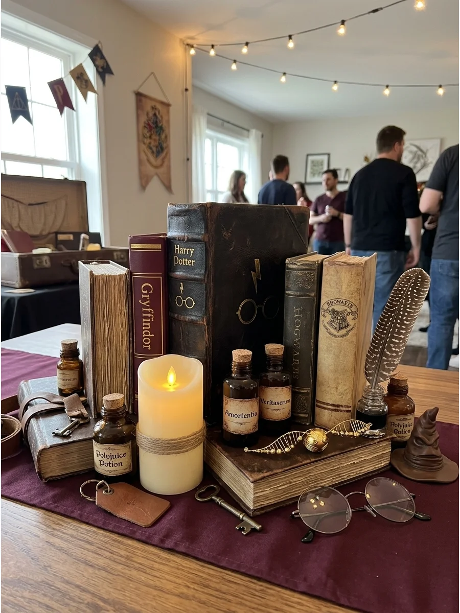 Spellbook Table Decorations. Stack old-looking books around candles, keys, potion bottles, feathers, and small wizard props to create easy centerpiece displays. Harry Potter Birthd