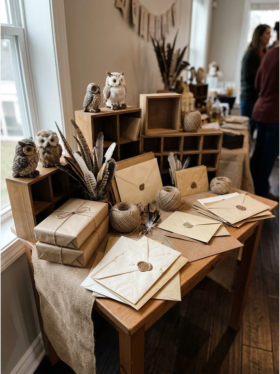 Owl Post Corner. Set up an owl-themed mail station with envelopes, parcels, feathers, twine, and small decorative owls. Harry Potter Birthday Party Ideas