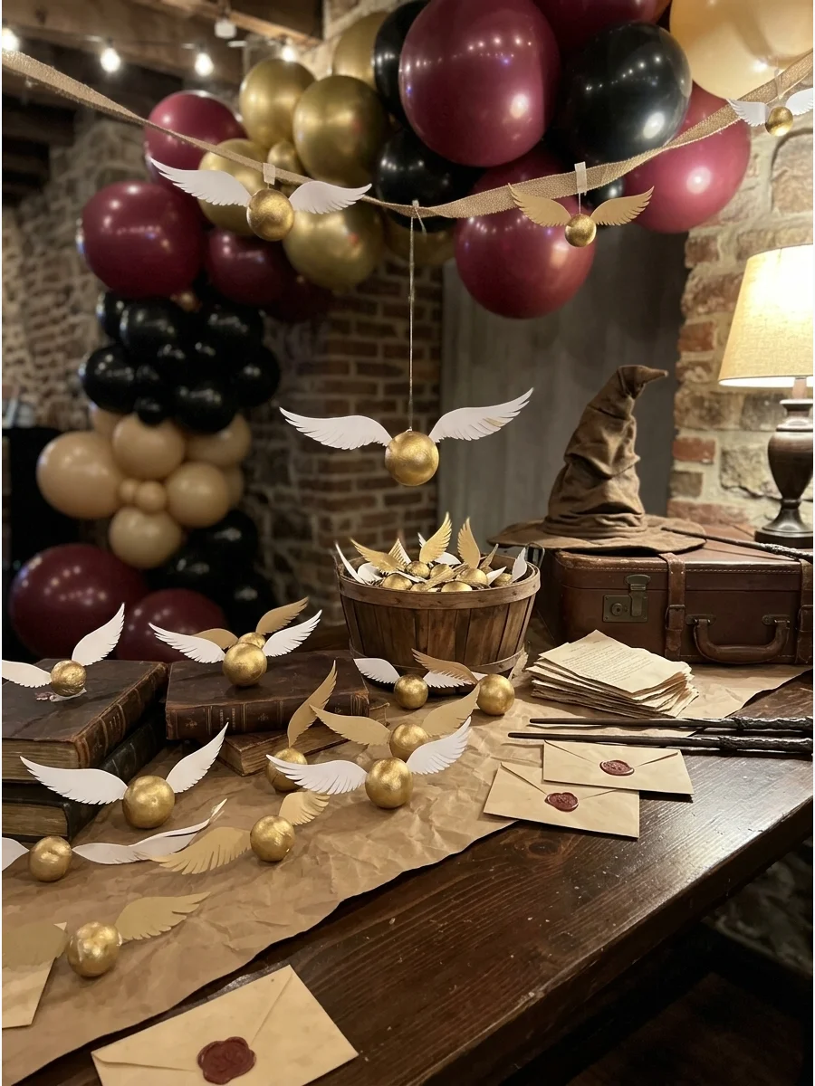 Golden Snitch Decorations. Add small gold balls with delicate wings to table settings, dessert displays, garlands, or balloon arrangements. Harry Potter Birthday Party Ideas