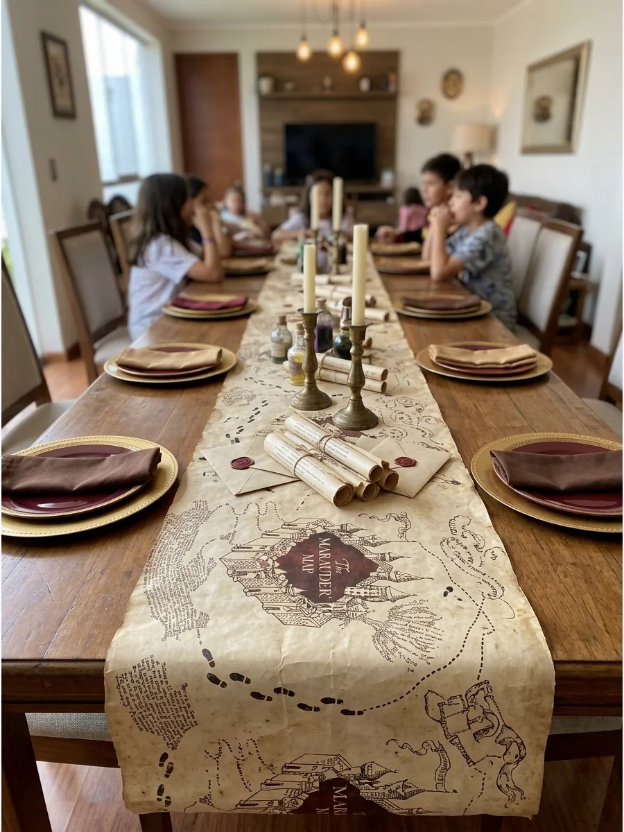 Marauder-Style Map Table Runner. Use an aged parchment-style map design as a runner down the center of the food or dining table. Harry Potter Birthday Party Ideas
