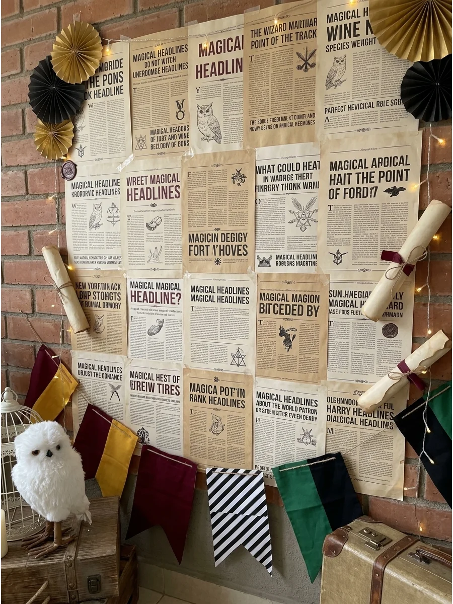 Wizard Newspaper Wall. Create a collage of fictional wizard newspapers and magical headlines for an inexpensive photo backdrop. Harry Potter Birthday Party Ideas
