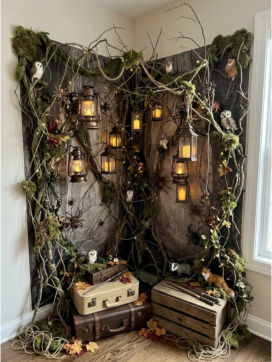 Forbidden Forest Party Corner. Transform a corner with faux vines, branches, moss, lanterns, spiders, and woodland details for a darker magical atmosphere. Harry Potter Birthday Pa