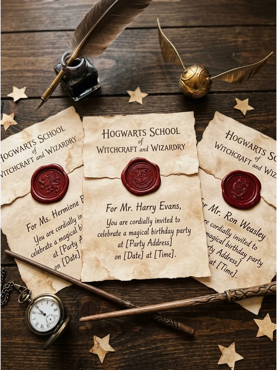 Wax-Sealed Wizard Invitations. Finish parchment-style invitations with faux wax seals, handwritten-style lettering, and each guest's name for a personalized magical touch. Harry Po