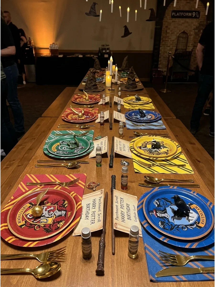 Hogwarts House Table Settings. Assign each place setting a different Hogwarts house using colored napkins, ribbons, paper plates, or place cards. Harry Potter Birthday Party Ideas