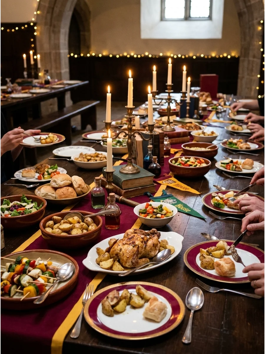 Great Hall Dinner Table. Serve the main meal family-style along a long decorated table to make guests feel as though they're attending a Hogwarts feast. Harry Potter Birthday Party