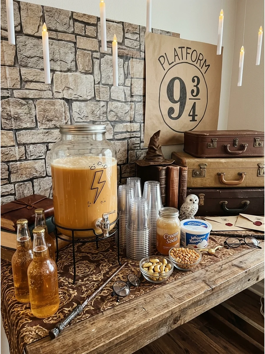 Butterbeer Drink Station. Create a self-serve butterbeer-inspired drink bar with creamy butterscotch-style drinks and optional toppings. Harry Potter Birthday Party Ideas